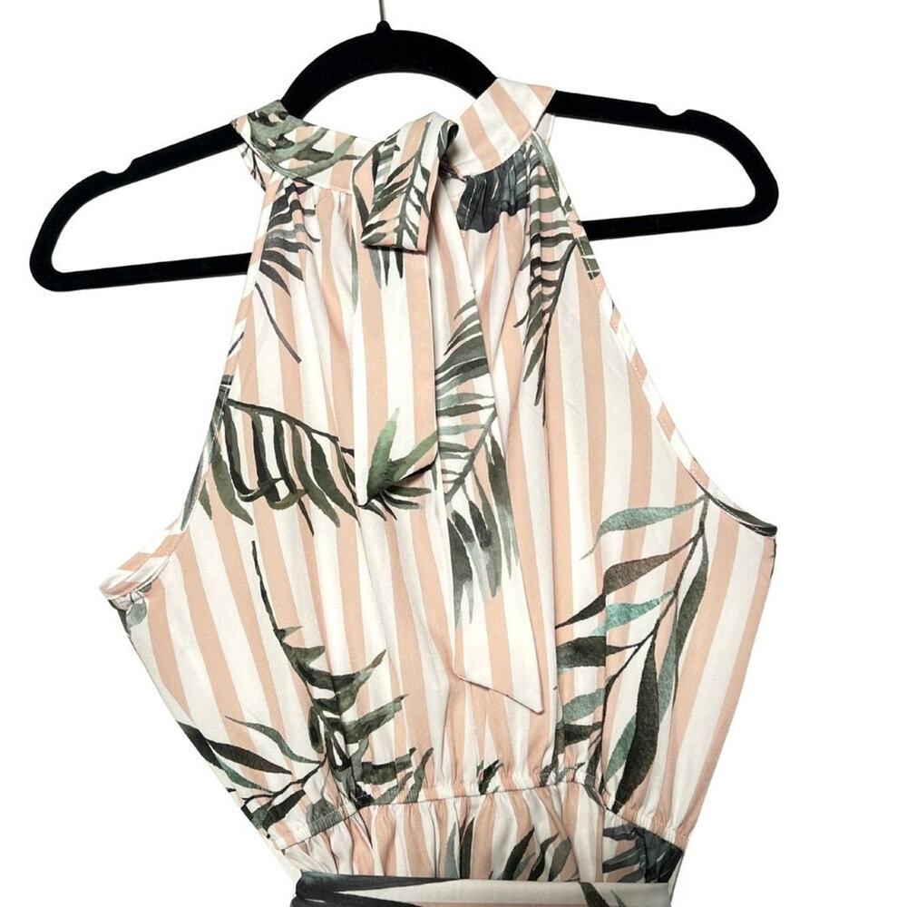 Tropical Pink and White Striped Dress Halter Neckline Keyhole Opening Leaf M/L